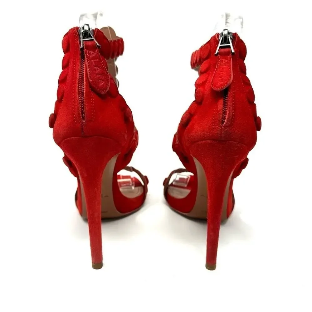 Alaia La Bombe T‑Strap Red Suede Pumps Floral Heels Size 37 / US 7